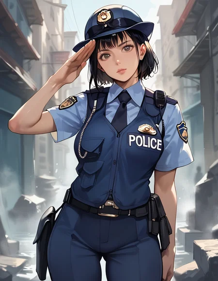 score_9, score_8_up, score_7_up, source_real,realistic, photorealistic, BREAK <lora:detailed_notrigger:0.7> <lora:zy_Detailed_Backgrounds_v1:1> extremely detailed, detailed background,
japanesePolicewoman, 1girl, police, police uniform, uniform, solo, walkie-talkie, outdoors, vest, salute looking at viewer, police hat, blue pants, black hair, pants, belt, shirt, holster, short hair, standing, gun, <lora:BDpony_japanesePolicewoman_V1-8554:0.9>, score_9, score_8_up, score_7_up, score_6_up, score_5_up, score_4_up, zPDXL2,source_anime,rating_questionable,