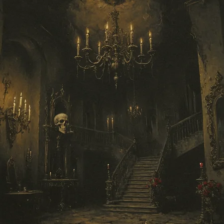dark fantasy art style, a painting of ornate dark gothic interior with large head skulls, roses, and candelabras. A large, decaying chandelier hangs from the ceiling. Candlelight illuminates a distant staircase, atmospheric lighting, grainy, painterly texture