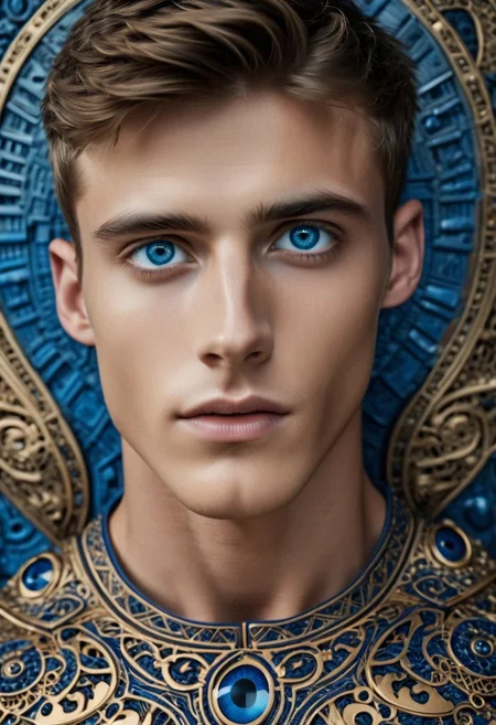 cinematic film still photo of a 25 yo male model, intense deep blue eyes, model look, fashion photoshoot, chiseled jawline. hyperdetailed photography, intricate details, looking at viewer