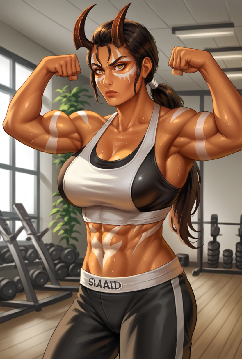 score_9,score_8_up,score_7_up, 1girl, solo, ss-h5shaED, dark-skinned female, orange skin, muscular, long hair, ponytail, breasts, horns, white facepaint, white bodypaint,
black sport top, black bysicle pants, stripes, tight clothes, flexing, serious, sweaty, upper body,
indoors, gym,
<lora:HoMM_V_-_Shaman_3_variatons_-_Heroes_of_Might_and_Magic_5_unit:0.8>,  <lora:YuPaChu_-_Artist_style:0.8> ss-YPC$tyl3,