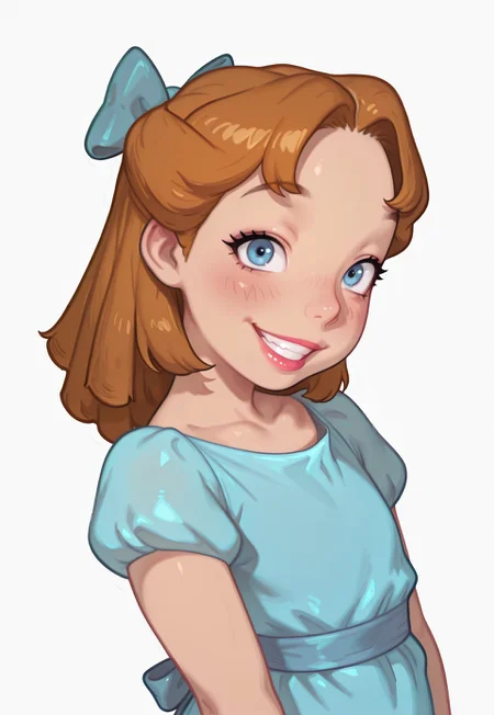 masterpiece, best quality, amazing quality, geh1, 4s0r4,, eigaka, possmach, artist:moriimee,1 girl, solo girl, young, WendyXL, brown hair, blue eyes, lipstick, puffy sleeves, blue dress, short sleeves, hair bow, smile, v, grin, blush, portrait, looking at viewer, simple background, white background