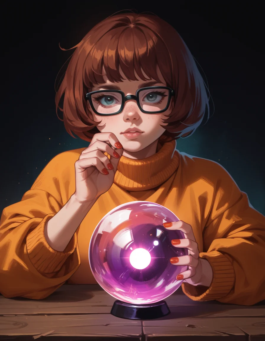 score_9, score_8_up, score_7_up, score_6_up, score_5_up, score_4_up, 1girl, velma dace dinkley, hud_cryst4l_b4ll, glowing, crystal ball, orb, upper body, table, nail polish,