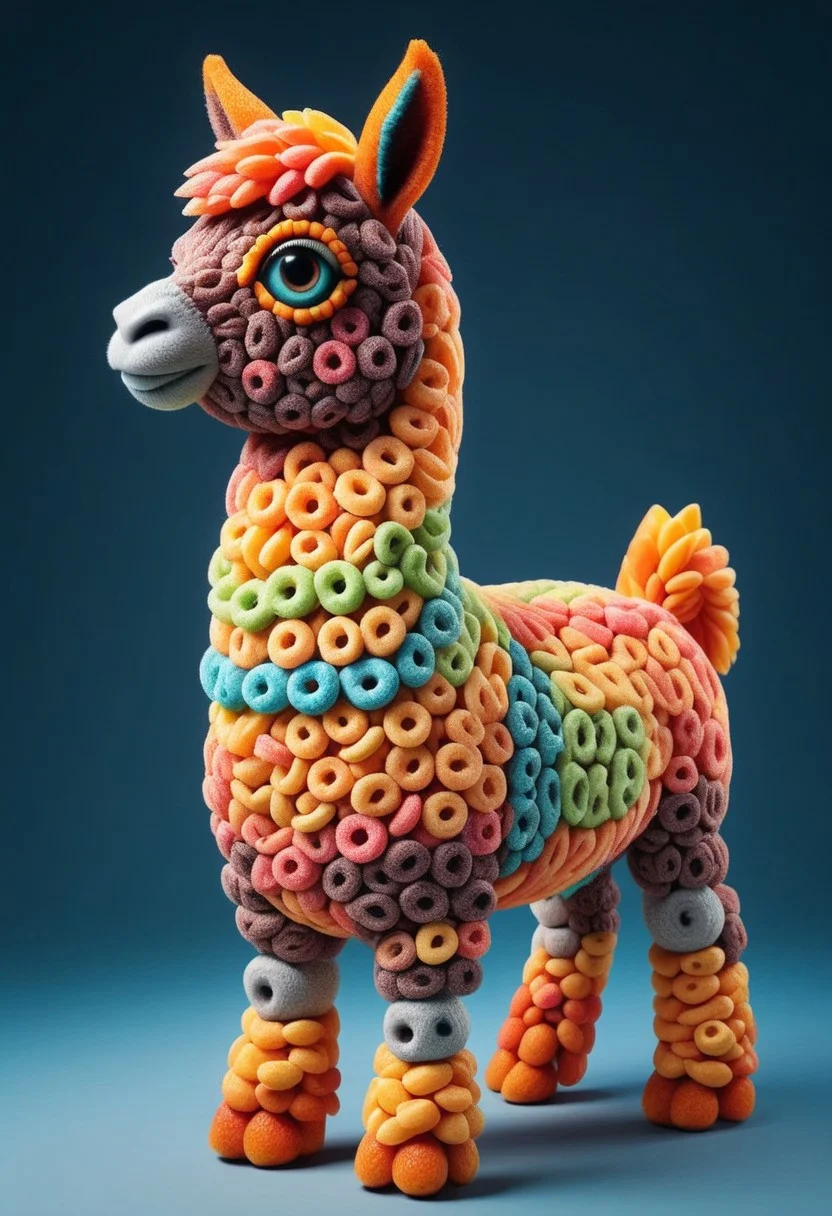 a cute chibby alpaca mixed with a donkey with big rainbow eyes made made of fruit loops, very detailed, 4k, sharp, blood orange style