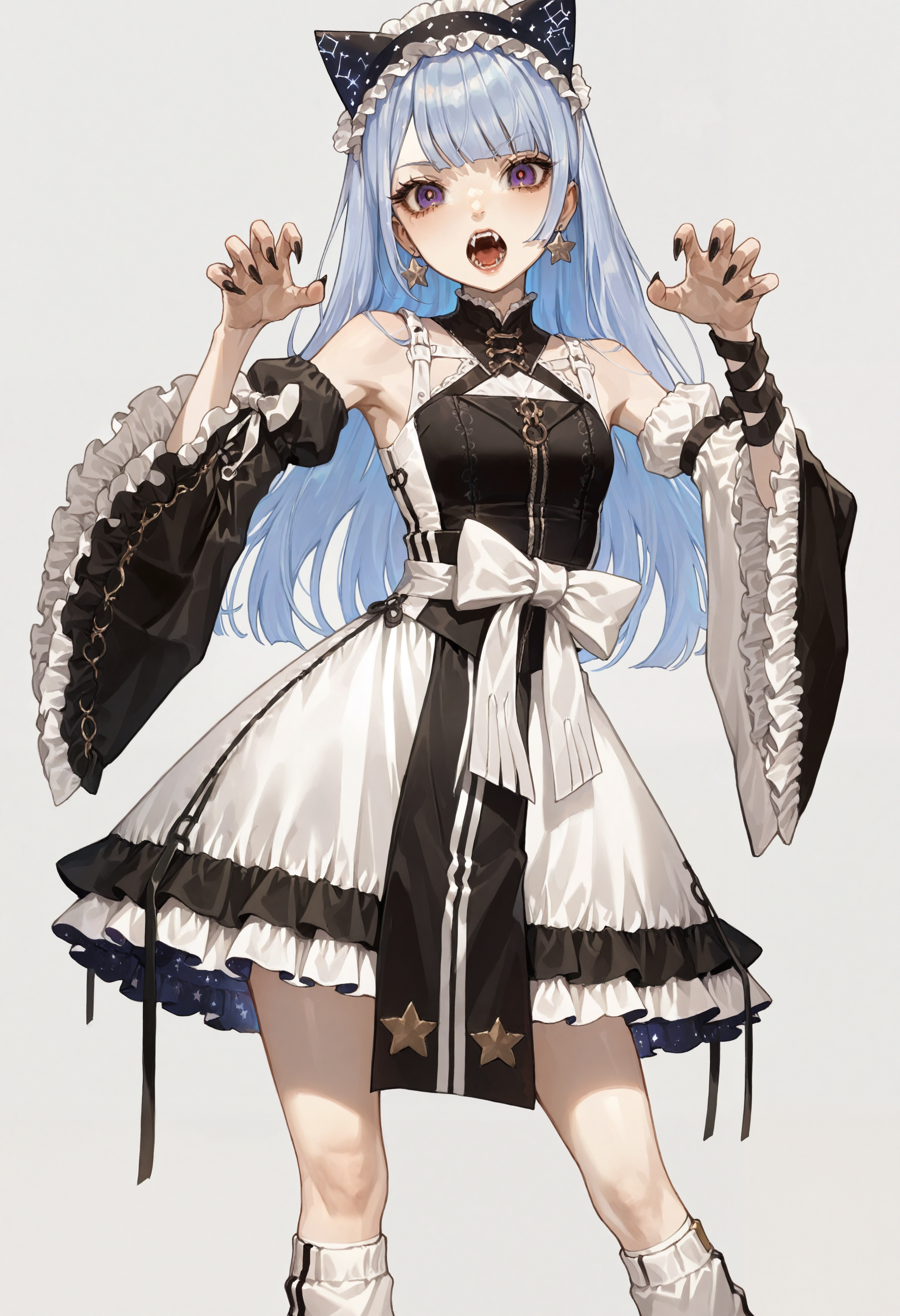 masterpiece, highres, absurdres, newest, very awa, simple background,  1girl, straight hair, blue hair, purple eyes, black pupils, eyelashes, star \(symbol\), star-shaped earrings, frilled hairband, black hairband, two-tone dress, frilled dress, white frills, black frills, black dress, detached sleeves, bare shoulders, mismatched sleeves, frilled sleeves, arm ribbon, waist bow, white leg warmers, kneehighs,   open mouth, fangs, claw pose, contrapposto,   <lora:sakauchi_waka:0.8>, <lora:spo_sdxl_10ep_4k-data_lora_webui>, <lora:ponyv5_noobV065S_1_adamW-000013:0.7>