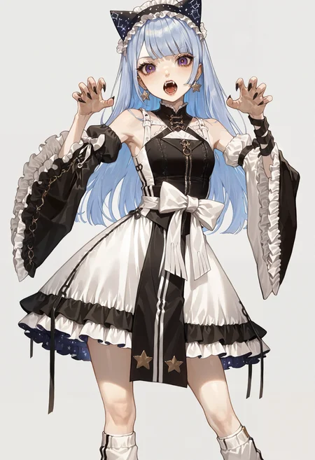 masterpiece, highres, absurdres, newest, very awa, simple background, 1girl, straight hair, blue hair, purple eyes, black pupils, eyelashes, star \(symbol\), star-shaped earrings, frilled hairband, black hairband, two-tone dress, frilled dress, white frills, black frills, black dress, detached sleeves, bare shoulders, mismatched sleeves, frilled sleeves, arm ribbon, waist bow, white leg warmers, kneehighs, open mouth, fangs, claw pose, contrapposto, <lora:sakauchi_waka:0.8>, <lora:spo_sdxl_10ep_4k-data_lora_webui>, <lora:ponyv5_noobV065S_1_adamW-000013:0.7>