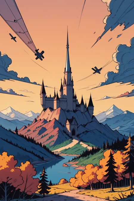scenery, cloud, outdoors, sky, no humans, tree, mountain, nature, castle, day, forest, blue sky, landscape, signature, aircraft, water, cloudy sky, building, a_Comic_Illustration, rough lines with ink, (drawn:1.1), (sketch:1.5), (crosshatching:1.25), (comic style:1.1), graphic novel style, sharp lines, hires, zstyle, (western comics \(style\):1.1), (hatching \(texture\):1.2), zPDXL, Mr_Monster_Possitive, <lora:Expressive_H:0.5>, score_9, score_8_up, score_8_up,