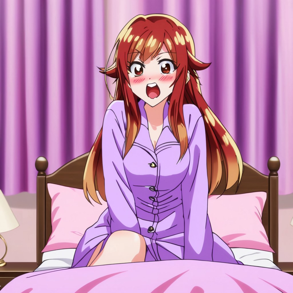 aoi yuzuki ,  full body , night dress , on fours , on bed , leaning forward , mouth open , saliva , naughty blush , cute face