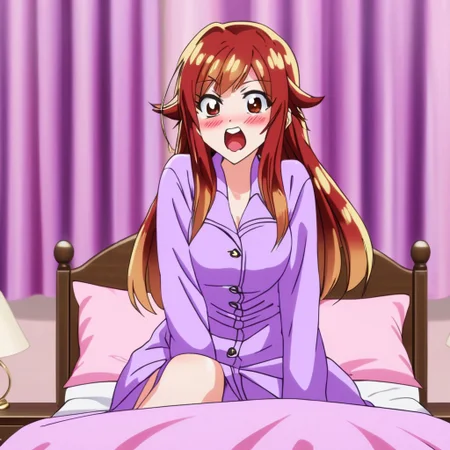 aoi yuzuki , full body , night dress , on fours , on bed , leaning forward , mouth open , saliva , naughty blush , cute face