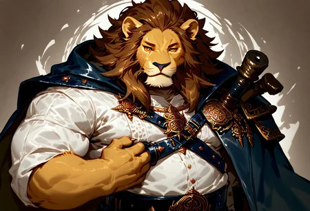 score_9, score_8_up,<lora:bm-v3g-n2-ep1-xl:1>, lindong, furry, anthro, non human, male, hunk fat, bulky, chubby, (Lion, orange eyes, orange fur, brown mane)) huge body, fluffy, ((perfect face, perfect eyes, half-closed eyes)), hi res, absurd res, digital media (art work), sketch, flat colors, lineart, motion lines, clothes(sailor coat, white shirts, blue pants, knife sheath, leather belt, upper body, skyrim background, grab torch