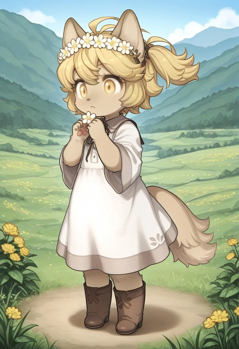 masterpiece, best quality, (absurdres), (highest quality), amazing quality, very aesthetic, no humans, BREAK, <lora:Mei_Marzipan_Illustrious_V1:1>,Mei Marzipan, Fuga: Melodies of Steel, kemono, furry female, child, 1girl, dog girl, beige fur, yellow eyes, blonde hair, twin tails, ahoge, bangs, animal ears, dog ears, dog tail, on knees, fuga 2 outfit, boots, dress, full body, sunny, outside, standing, valley, fllower hill, flower crown, flowers on hands