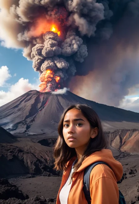 shot from the inside of a volcano: a beautiful 20yo hawaiian girl stares into the caldera of an erupting volcano, dramatic. Analog Color Theme, Lo-Fi Hip Hop , retrospective, flat, 2.5D,