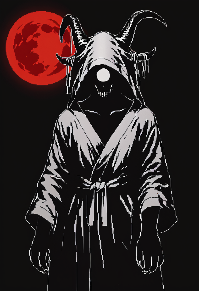 <lora:Pixel_BW_Style_ES_-_PonyXL:0.8> esbws, pixel art, black background, white outline, black body, high contrast, monochrome,red moon,horns,robe,, score_9, score_8_up, score_7_up, score_6_up, score_5_up,