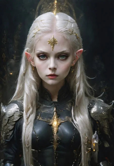 analog film photograph of the high queen, an elf female of unearthly beauty, very long straight white hair, very pale pink skin, light grey eyes, (natural ears:1.2)
mysterious smirking expression, looking down at the viewer, wearing (intricately decorated Milanese black (full cuirass) plate armor:1.4), intricately decorated with a damask, gold inlay, (brandishing a glowing sword pointed at the viewer:1.9),
elf queen, full body shot,
1girl, GLOWING STYLE