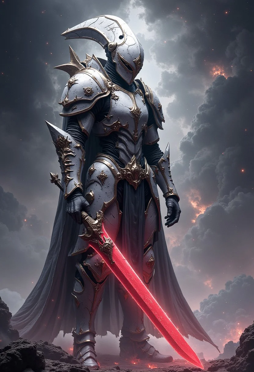 A alien knight wearing a white armor.
He is holding a giant red sword.
Universe background, FredFraiStyle