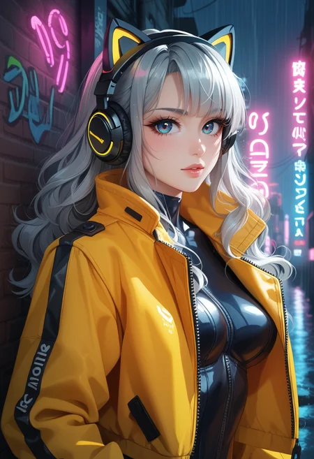 score_9, score_8_up, score_7_up, source_anime,
1girl, sk997cos_bodysuit, sk01 jacket, yellow jacket, cat ear headphones,
closed jacket,
gray hair,
wavy hair ,
perfect eyes,
portrait, neon lights, rain, depth of field, bokeh, dramatic lighting, rays of light,
graffiti, dim lighting, alley, looking at viewer, dynamic pose,
cyberpunk city,
<lora:997sk cosplay PonyV3:0.8>
