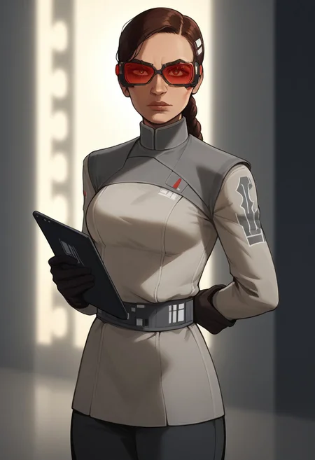 score_9, score_8_up, score_7_up, High quality, high detail, solo, perfect eyes, perfect lips, masterpiece, best quality, dynamic lighting,
emeriekarr, red-tinted goggles, grey uniform, black gloves, black pants, black boots, standing at attention, hand behind back, looking at viewer, stern, cowboy shot, Bilaterally symmetrical, Star Wars city background, blurred background,concentrated, holding a tablet