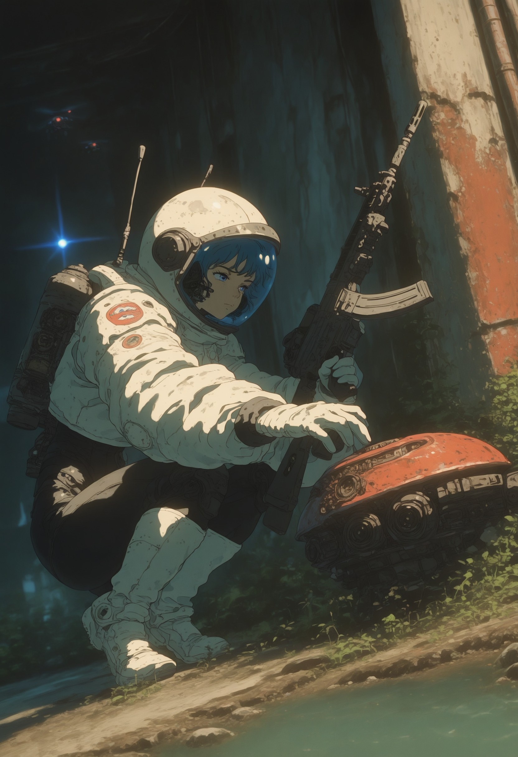 crdhrs2, 1girl, solo, space_helmet, (((looting))), blue_eyes, sci-fi, nasa punk, crouching, reaching, skin_tight, bodysuit, layered_outfit, oversized jacket, oxygen_tank, scanner, (((old technology))), red light, drone, post-apocalypse, overgrown, dilapidated, reflection, (looking away), (unaware), holding, holding_weapon, assault_rifle, submachine_gun, dynamic dutch angle, scenery, masterfully drawn, 4K, amazing quality, aesthetic, details, framevault, latest 2024, <lora:f433d27d-5d64-45e4-8805-fb94d21fd6ad:1.0>