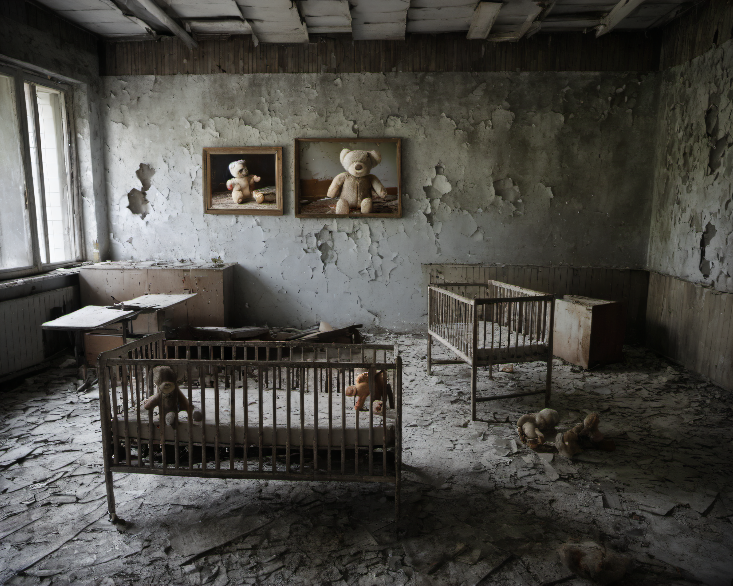 best quality, realistic, vray, hdr, inside a post-apocalyptic nursery, broken crib, strewn dust-covered stuffed animals, peeling wallpaper., by Mary Ellen Mark,   <lora:Chenorbyl_v1:1> Chern4byl enviroment