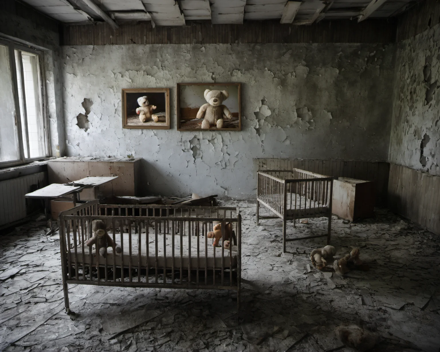 best quality, realistic, vray, hdr, inside a post-apocalyptic nursery, broken crib, strewn dust-covered stuffed animals, peeling wallpaper., by Mary Ellen Mark, <lora:Chenorbyl_v1:1> Chern4byl enviroment