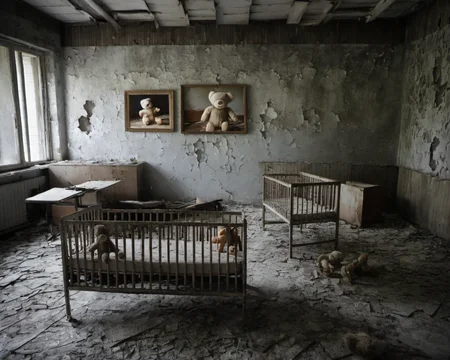 best quality, realistic, vray, hdr, inside a post-apocalyptic nursery, broken crib, strewn dust-covered stuffed animals, peeling wallpaper., by Mary Ellen Mark,   <lora:Chenorbyl_v1:1> Chern4byl enviroment