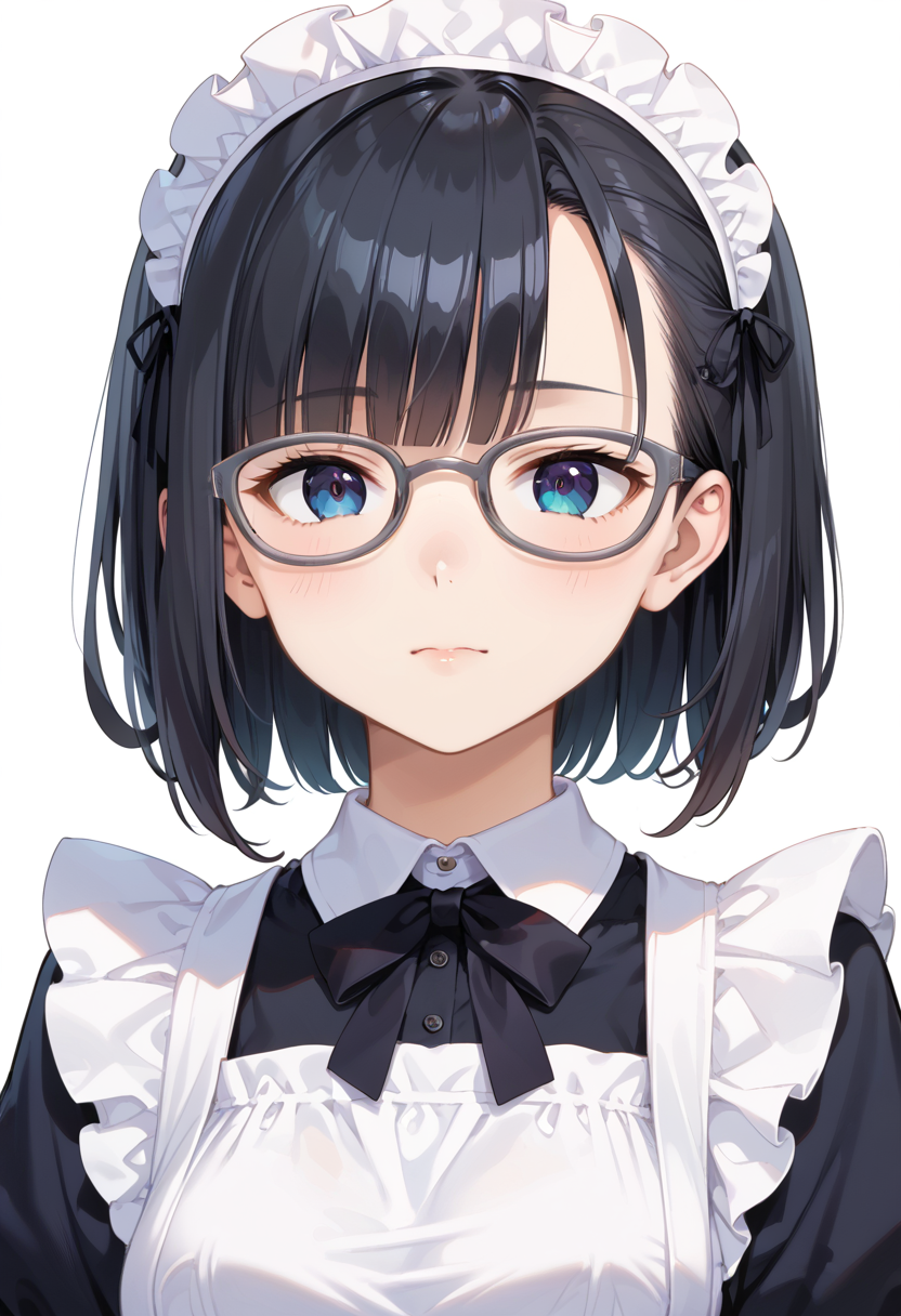score_9, score_8_up, score_7_up, rating_safe, masterpiece, best quality, absurdres, unity 8k wallpaper, official art, official style, source_anime, uncensored, game cg, megami magazine,
1girl, solo, black hair, medium hair, upper body, covered eyes,maid, maid headdress, black dress, maid apron, face focus,
oval_cell, glasses, still life, white background, simple background, grey-framed eyewear,
 <lora:glasses_OvalCell2_PONY_V1:1>