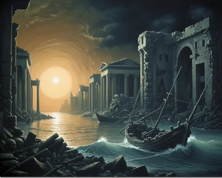Sinking of Atlantis, apocalypse, dark, esoteric, surrealistic, doviliotarot <lora:DovilioTarot_SDXL:1.0>