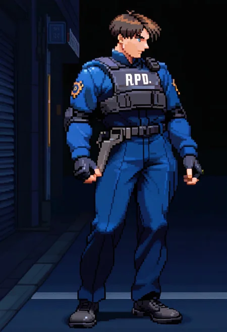 (score_9, score_8_up:1.1), score_7_up, (masterpiece:1.2), (best quality:1.3), ((High quality, HD Illustration, very clear)), amazing quality, very aesthetic, best aesthetic, highres, perfect composition, masterful composition, intricate details, scenery, 1boy, RE2Leon, male focus, blue eyes, brown hair, short hair, tactical, belt, holster, police uniform, bulletproof vest, fingerless gloves, elbow pads, long sleeves, shoes, black footwear, toned, toned body, slim, slim build, standing, detailed background, outside, night, police station, streets, cinematic lighting, dynamic lighting, looking at viewer, edgy, raw, graphic, graphic details, front, handgun, weapon, SF3XL,, full body, looking away,, grenades, flashbangs,, pixel, 90s, 1990s, retro