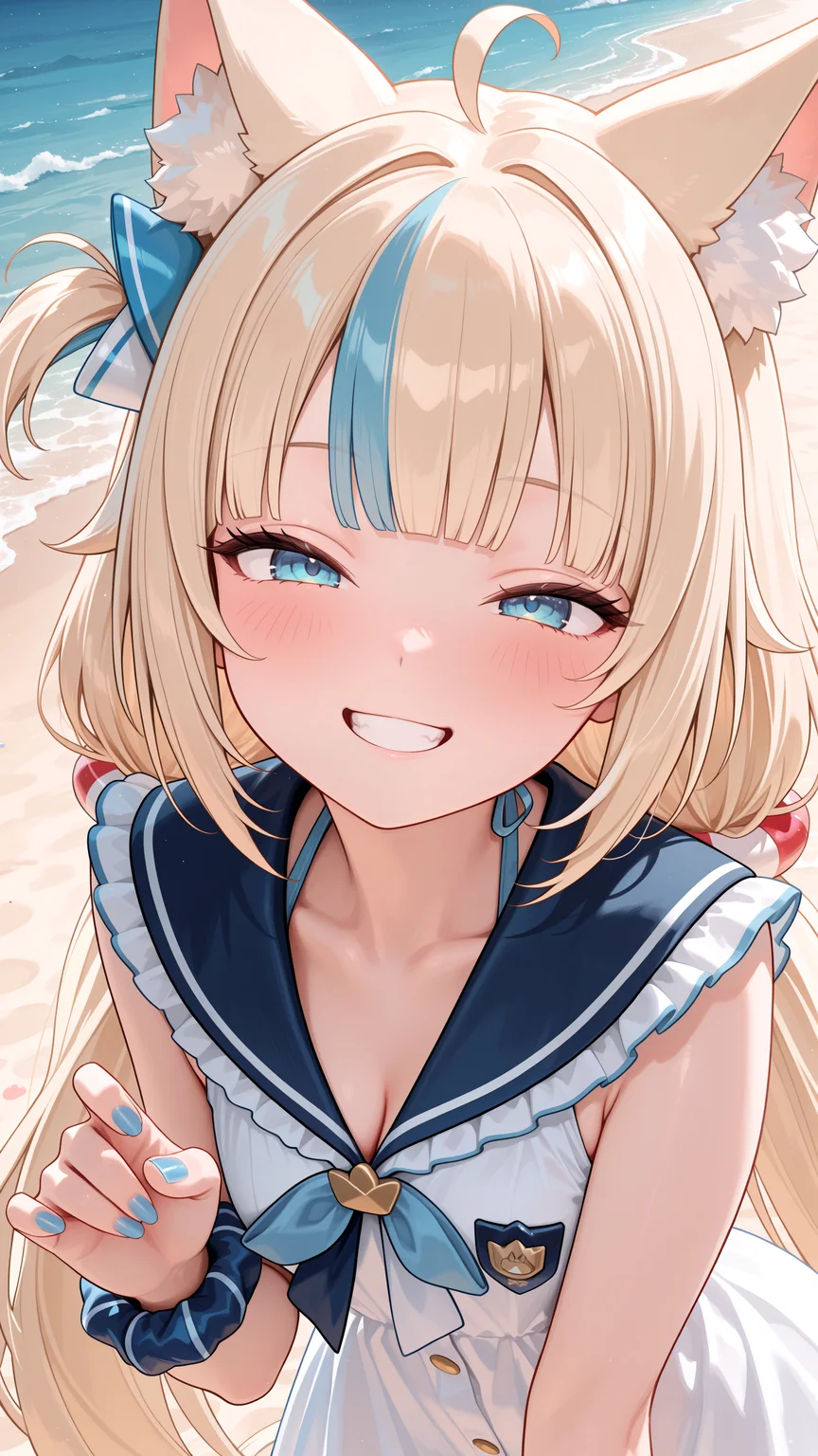 , beach, grin, teeth, portrait, lazypos2,, 1girl, blue eyes, blonde hair, blue hair, very long hair, streaked hair, ahoge, blunt bangs, low twintails, one side up, hair ornament, blush, cat ears, animal ear fluff, sailor dress, white dress, blue sailor collar, badge, wrist scrunchie, blue nails