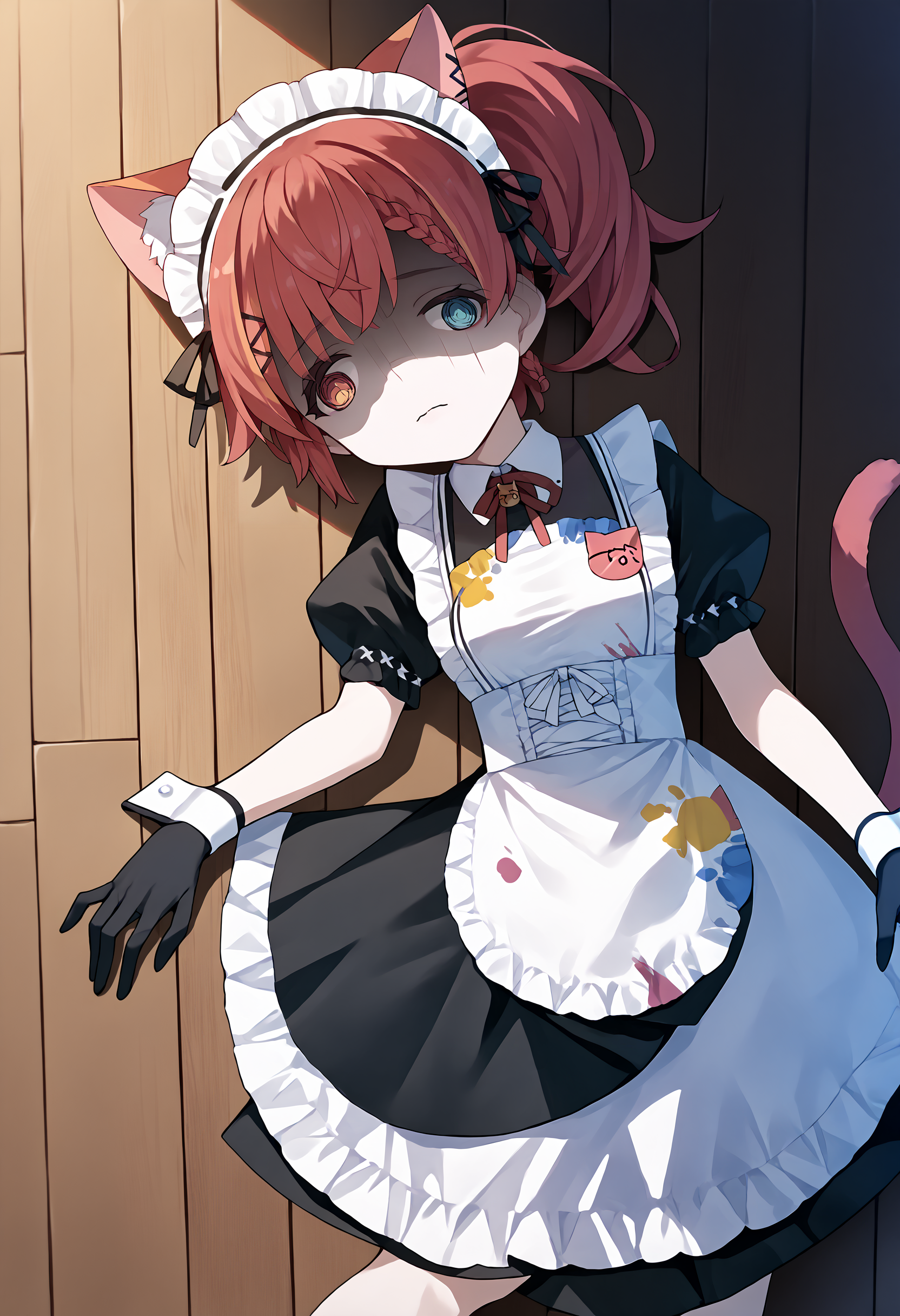 score_9, score_8_up, score_7_up, score_6_up,@ @, shaded face nekota3rd, long hair, braid, side ponytail, maid headdress, animal ears, frills, black dress, neck ribbon, white apron, maid apron, frilled apron, puffy short sleeves, wrist cuffs, black gloves, cat tail<lora:vspo_nekotatsuna_ponyXL:.9>  source_anime, <lora:TraumatizedGotoh_pdxl_Incrs_v1:1.3>, laying on floor, wooden floor,