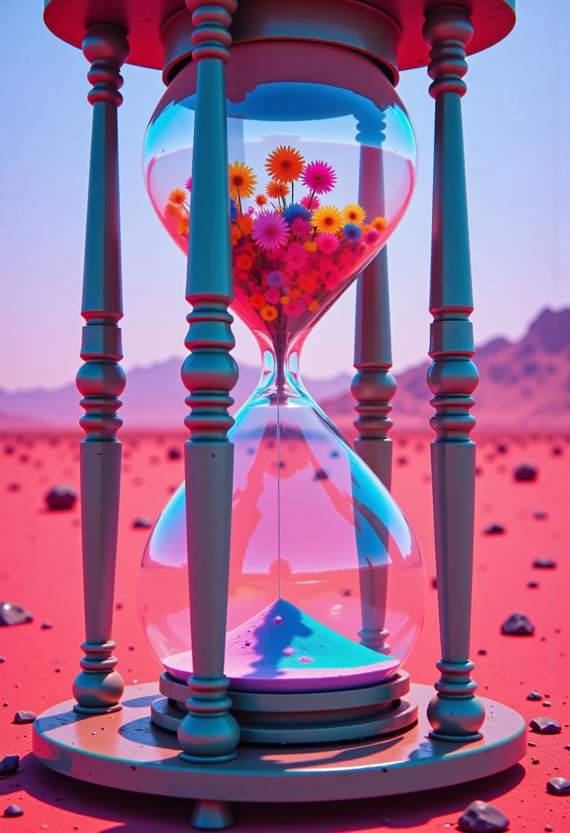 neon-mist,
"An hourglass from which colorful flowers fall instead of sand, in a desert that slowly blooms."