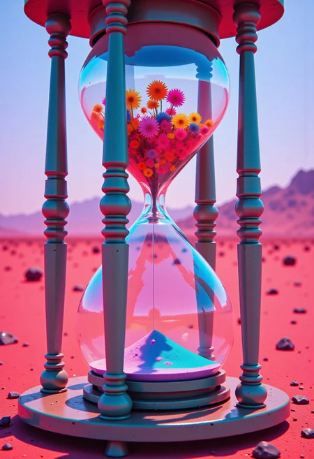 neon-mist,
"An hourglass from which colorful flowers fall instead of sand, in a desert that slowly blooms."
