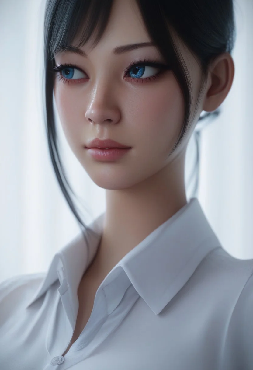 Score_9, score_8_up, score_7_up, realistic, hd, 4k, 1girl, solo, close up, blue eyes, asian, upper body, white shirt, collared shirt, looking away