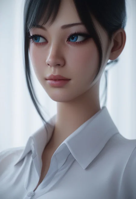 Score_9, score_8_up, score_7_up, realistic, hd, 4k, 1girl, solo, close up, blue eyes, asian, upper body, white shirt, collared shirt, looking away