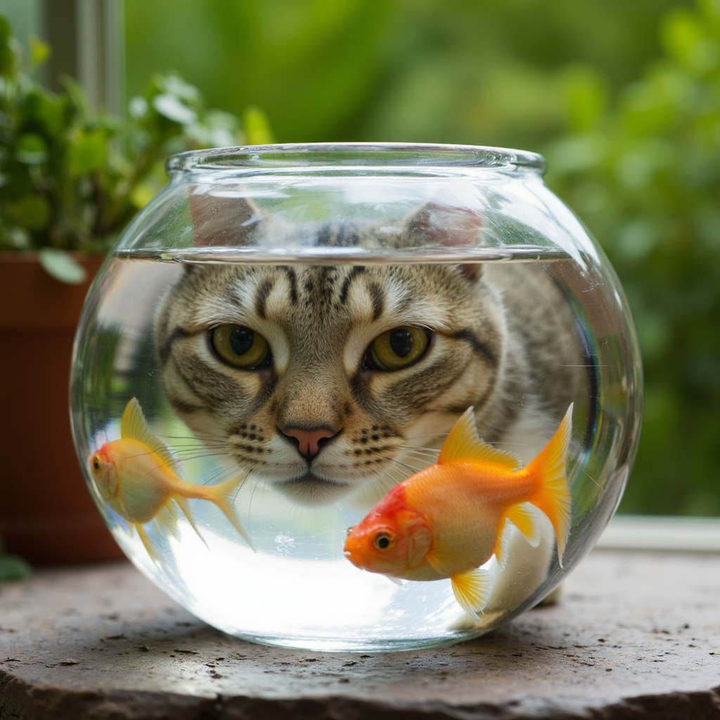 Photography close-up of a fish bowl. Through the bows you can see a very distorted image of a cat looking at the viewer. The goldfish inside the bowl are out of focus, background out of focus. Very blurry background, depth of field, bokeh <lora:refraction-000111:1>
