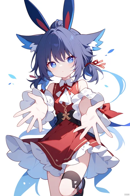 1girl, Best quality, genshin,Touhou Project,Honkai StarRail, ((quan (kurisu tina))),(portrait),year 2023, blue hair, white background, open hand, rabbit girl, parody, blue eyes, dress, fox ears, fine art parody, outstretched hand, long sleeves, black footwear, socks, rabbit ears, twintails, animal ears, red dress, company connection, short hair, white socks, ponytail, simple background, short twintails,

masterpiece, newest, absurdres, safe