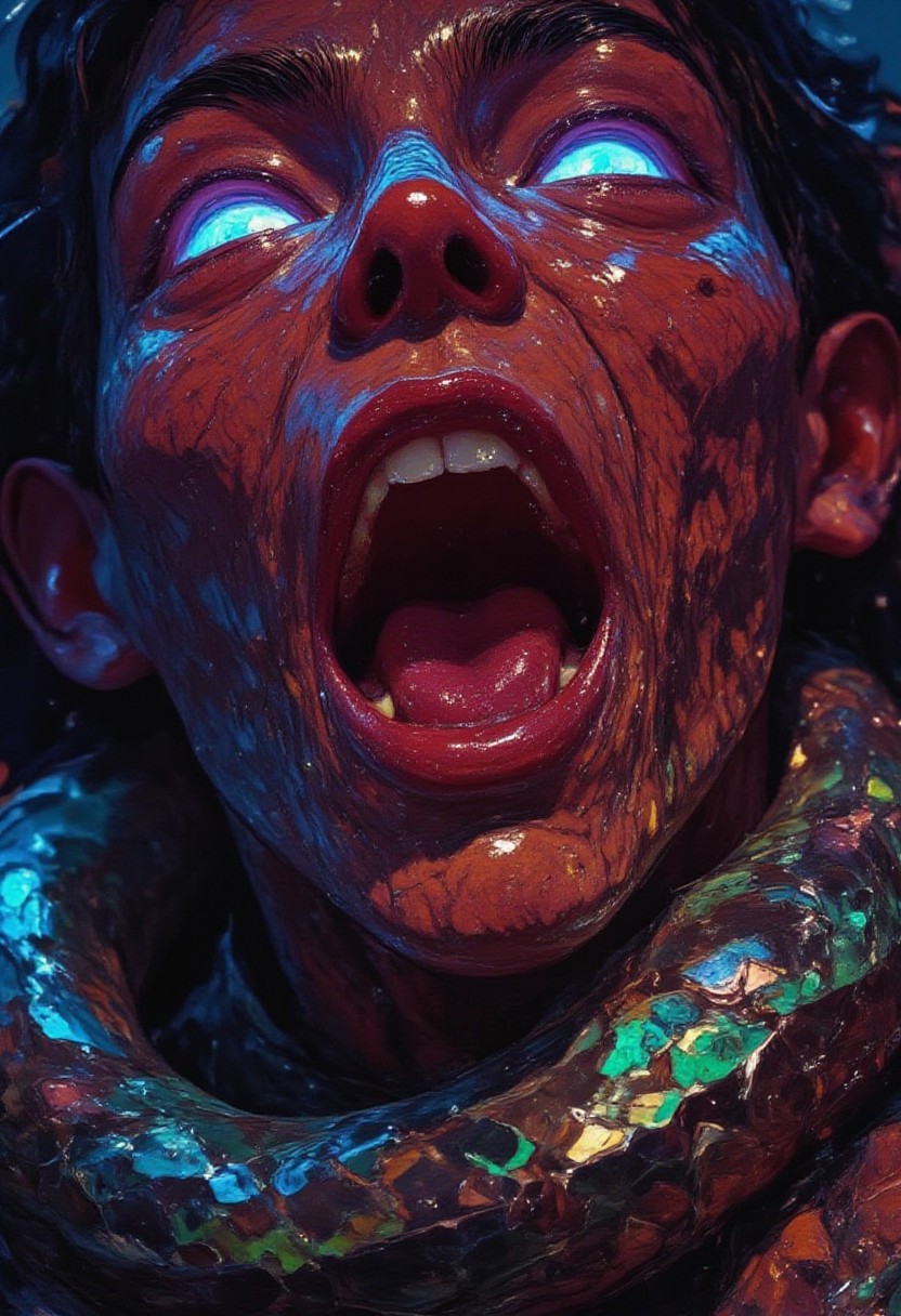 This is a highly stylized, surreal photograph featuring a close-up of a person's face and mouth with a snake wrapped around it. The image is vibrant and dramatic, with a strong focus on color and texture. The person's lips are painted a deep, glossy red and are slightly parted, revealing a hint of teeth. Their skin has a shimmering, iridescent quality, reflecting hues of blue, green, and purple light, giving it a futuristic, almost alien-like appearance.