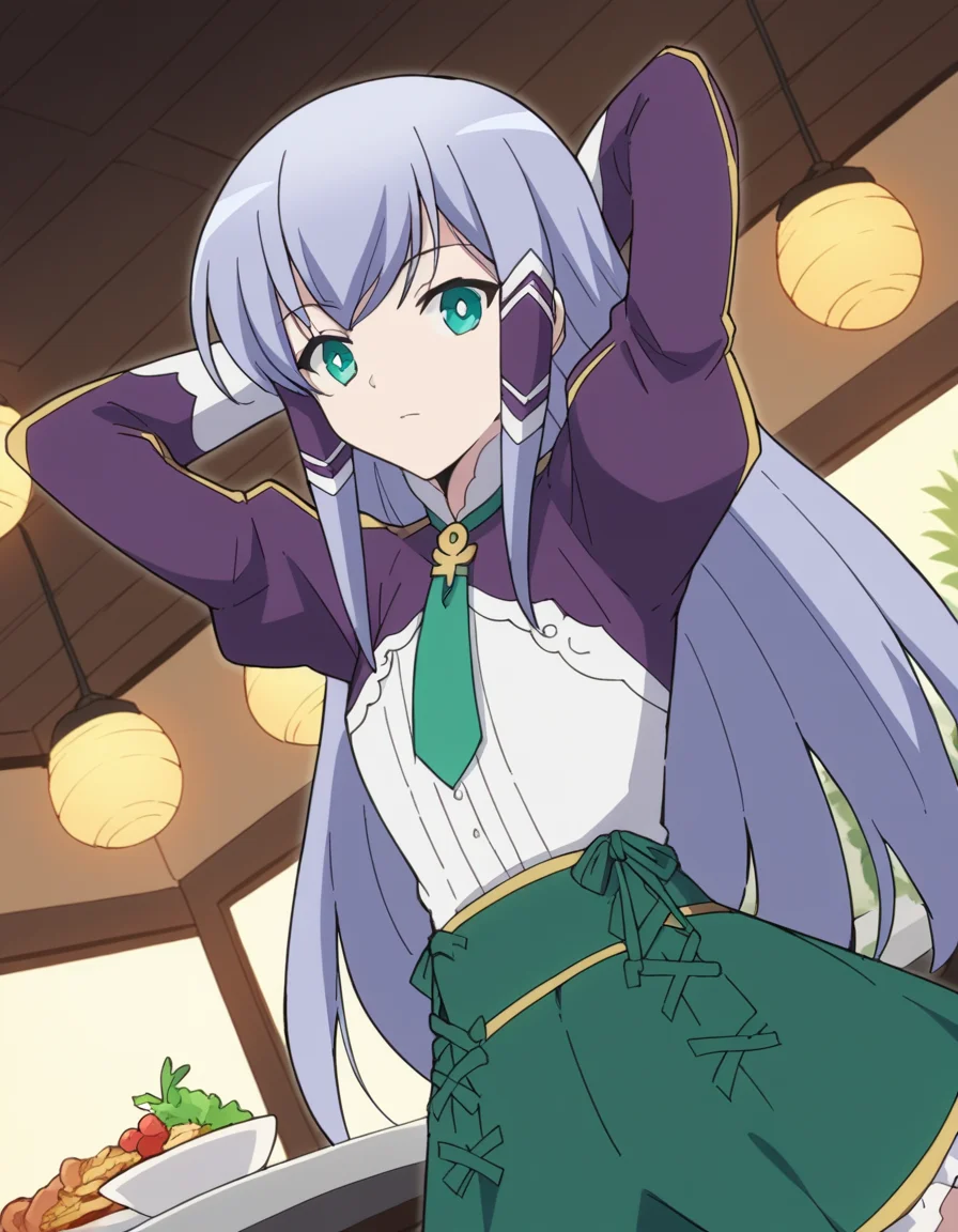 score_9, score_8_up, score_7_up, source_anime, <lora:elze-silhoueska-s2-ponyxl-lora-nochekaiser:1>, elze silhoueska, long hair, blue eyes, green eyes, blue hair, aqua eyes, hair tubes,, skirt, thighhighs, white thighhighs, puffy sleeves, white shirt, necktie, green necktie, purple sleeves, green skirt, frilled skirt, restaurant, laughter, good food, warm lighting, celebration, , hands behind head,, looking at viewer, solo,, dutch angle, cowboy shot