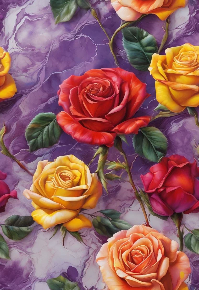 marble, rose, (( bright, vibrant, dynamic, hyper-realistic, vivid colors, intricate details, realistic style, oil paintings, acrylic paintings, watercolor paintings, digital illustrations, mixed media pieces )), red, yellow, purple