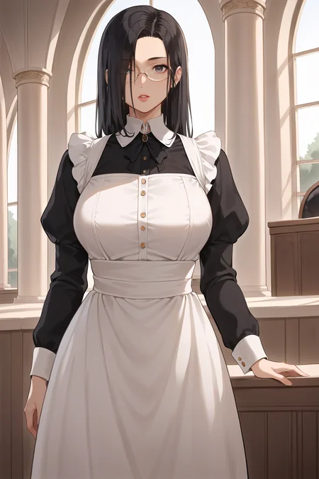 score_9, score_8_up, score_7_up, source_anime, 1girl, prefect lighting, very aesthetic, intricate details, highly detailed background, masterpiece, high quality, prefect hands, best quality, solo,
<lora:Martha_Throtem_V2:.85>, KJOmartha, black hair, grey eyes, parted bangs, long hair, hair over one eye,
maid outfit, maid apron, long skirt, glasses, long sleeves,
expressionless, parted lips, standing, leaning forward, cowboy shot, dutch angle,
Inside, ballroom, pillars, crowded, night,
(Beautiful, large Breasts:1.2), natural breasts,