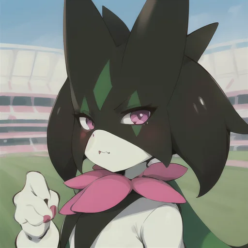 1girl, masterpiece, best quality, meowscarada, pokemon, <lora:Meowscarada:0.8>, face mask,  detailed, short muzzle, [pink eyes], detailed eyes, outside, stadium, attack pose