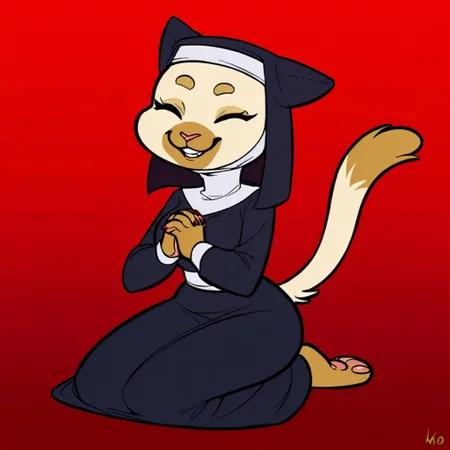 score_9, score_8_up, score_8, score_7, source_cartoon, source_furry, easynegative, ng_deepnegative_v1_75t, Solo, 1girl, Siamese cat, cat, anthro, female furry, light brown and white fur, breasts, Nun outfit, on knees, praying, eyes closed, smiling,