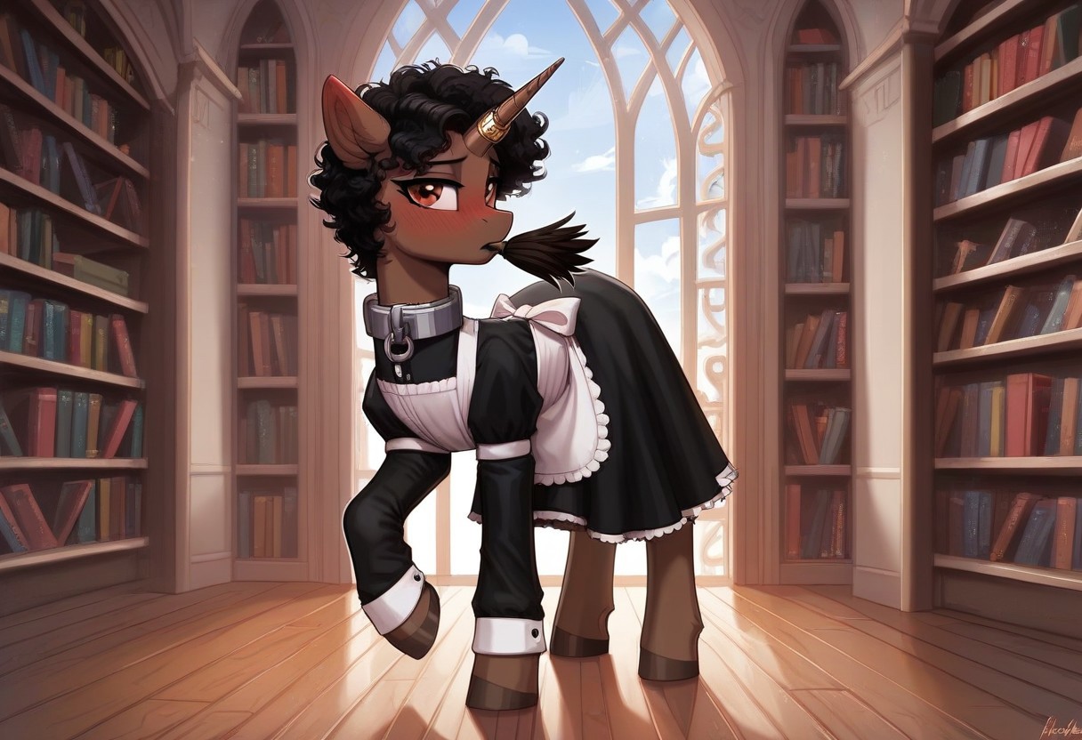 score_9, score_8_up, score_7_up, score_6_up, score_5_up, g4, pony from my little pony friendship is magic, big flanks, anatomically correct, unicorn, unicorn horn, feminine, twink, femboy, trap, feminine male, girly boy, male, chocolate brown body,chocolate brown fur, jet black mane and tail, short mane, female manestyle, short hair, curly hair, unkept hair, Hispanic hair, Hispanic, unicorn, long horn, slender, thin, femme, brown eyes, meek, timid, shy, blushing, feral, eartip blush, embarrased, meek, solo, feather duster, duster in mouth, dusting, cleaning, feather duster in mouth, facing away from viewer, looking at viewer from the corner of his eye, younger, petite, curly hair, unkept hair, Hispanic hair, short hair, mare's manestyle, female manestyle,
Indoors, mansion, library, dusty ,cobwebs, inside, manor,
Japanese maid attire, long skirt, proper maid, maid suit, iron collar, metal collar, horn ring,  slave, enslaved, dubious consent, kidnapped, solo, feral, hispanic, hispanic haircut