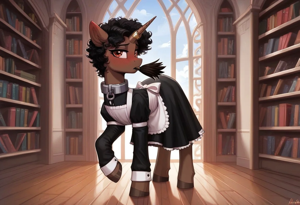 score_9, score_8_up, score_7_up, score_6_up, score_5_up, g4, pony from my little pony friendship is magic, big flanks, anatomically correct, unicorn, unicorn horn, feminine, twink, femboy, trap, feminine male, girly boy, male, chocolate brown body,chocolate brown fur, jet black mane and tail, short mane, female manestyle, short hair, curly hair, unkept hair, Hispanic hair, Hispanic, unicorn, long horn, slender, thin, femme, brown eyes, meek, timid, shy, blushing, feral, eartip blush, embarrased, meek, solo, feather duster, duster in mouth, dusting, cleaning, feather duster in mouth, facing away from viewer, looking at viewer from the corner of his eye, younger, petite, curly hair, unkept hair, Hispanic hair, short hair, mare's manestyle, female manestyle,
Indoors, mansion, library, dusty ,cobwebs, inside, manor,
Japanese maid attire, long skirt, proper maid, maid suit, iron collar, metal collar, horn ring, slave, enslaved, dubious consent, kidnapped, solo, feral, hispanic, hispanic haircut