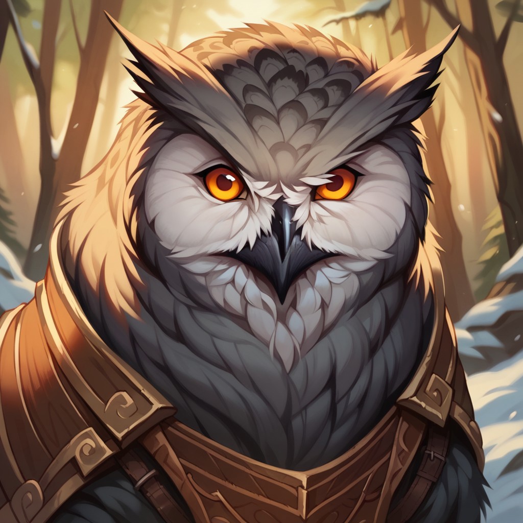 (((detailed, beautiful, high quality))), score_9, score_8_up, score_7_up, solo, portrait,
owlbear, feral, owl's head, bear's body,
1 male, grey fur, orange eyes, feral armor,
looking at the viewer, posing,
fantasy background, blurred background, snow forest,