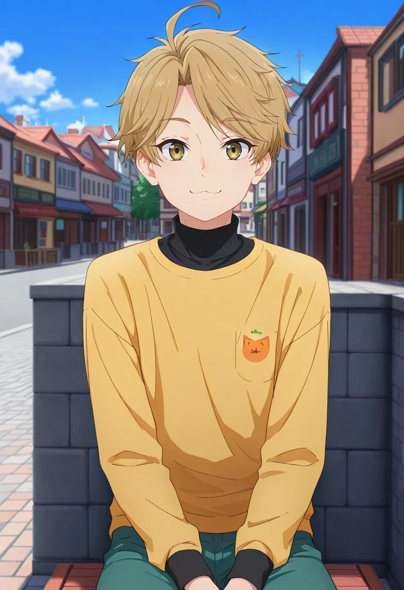 masterpiece, best quality, , (photorealistic:0.6), looking at viewer, 1boy, solo, male focus, <lora:yuuma_nikaidou_ilxl:0.98>, yuuma_nikaidou, blonde hair, yellow eyes, short hair, ahoge, focused, town, suburbs, day, sunny, sitting, :\3, turtleneck,