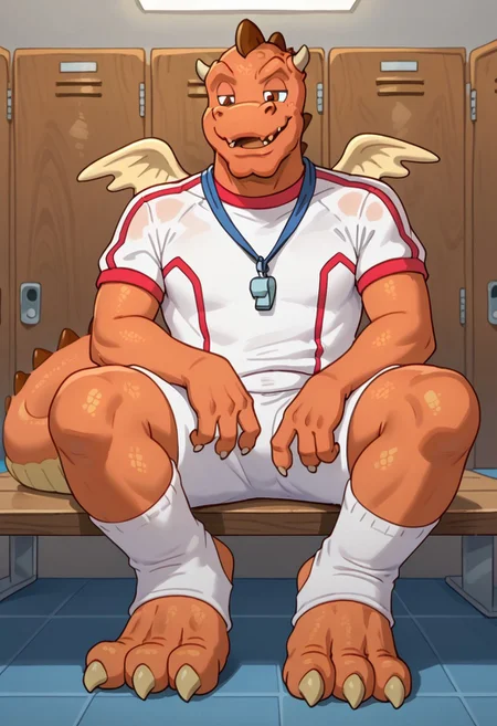 Score_9, score_9_up, solo, 1boy, furry, dragon, orange scales, tail, wings, brown spikes, fangs, small horns, white soccer shirt, white shorts, whistle, feet cuffs, big feet, sitting, locker room, smug face
