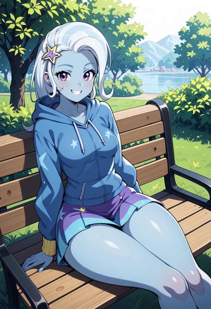 score_9, score_8_up, score_7_up, deep skin, flat color, skindentation, source_anime, high quality, highres, (curvy), ((wide hips)),, thick thighs, cute, , sexy, (medium breasts), 1girl, solo, MLPEGTrixie, 1girl, colored skin, blue skin, star hair ornament, blue hoodie, hood down, purple skirt, white hair, long hair, purple eyes, two-tone skirt, hair ornament, smile, outside, sitting, bench