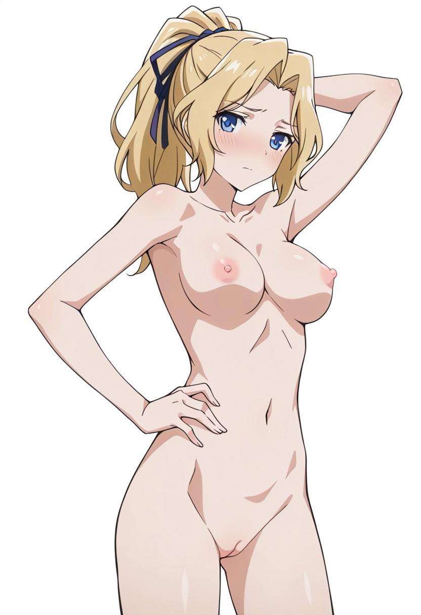 masterpiece, best quality, 1girl, cute, blue eyes, blonde hair, hair ribbon, ponytail, ((naked)), pussy, erect nipples, shy, white background, empty void, (cowboy shot: 1.5), looking at view, one hand on hip, one hand behind head,