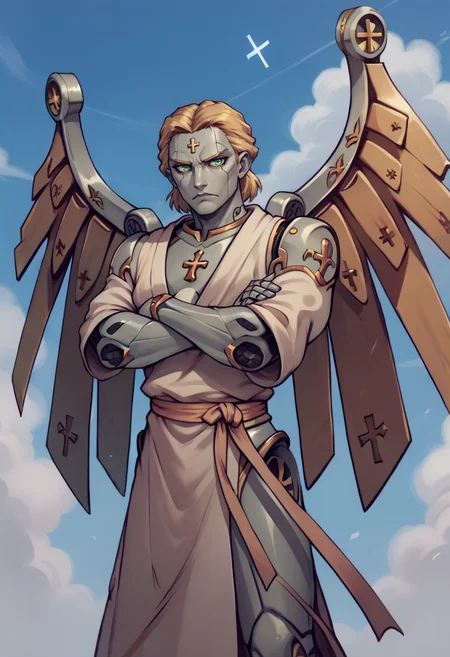 score_9, score_8_up, score_7_up, solo, cowboy shot, looking at you, crossed arms, <lora:zs_MetatronXL:1> metatronsmt, blonde hair, green eyes, robot, grey skin, mechanical wings, robe, cross, sky, cloud, heaven