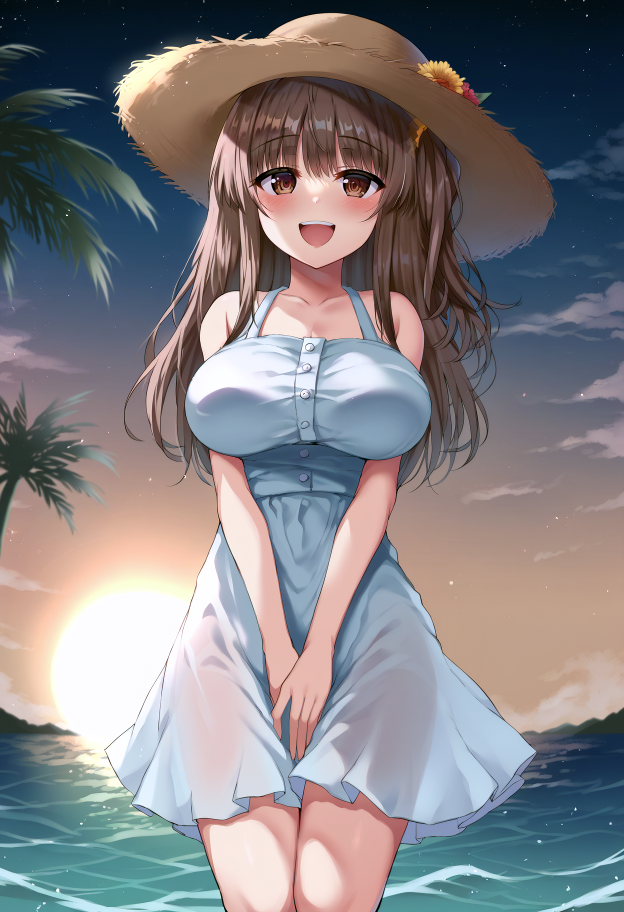 score_9, score_8_up, score_7_up, score_6_up, score_5_up, score_4_up,
gradient background,
refraction, caustics, rim lights, backlighting, bloom,
BREAK
source_anime, day, sky, sunlight, sunbeam,horizon, vaporwave, clouds, ocean, palm tree, birds, sunset, starry sky, sunrise, 
BREAK
1girl, solo, long hair, blush, smile, open mouth, bangs, brown hair, brown eyes, :d, teeth, one side up, hair scrunchie, 
large breasts, narrow waist, wide hips, thick thighs, 
sundress, sunhat, white dress, see-through silhouette, 
between legs, hand between legs, 
perspective, face focus, cowboy shot, (from above:0.75), from side, looking at viewer, 
<lora:Kamita-v1-PDXL:1>